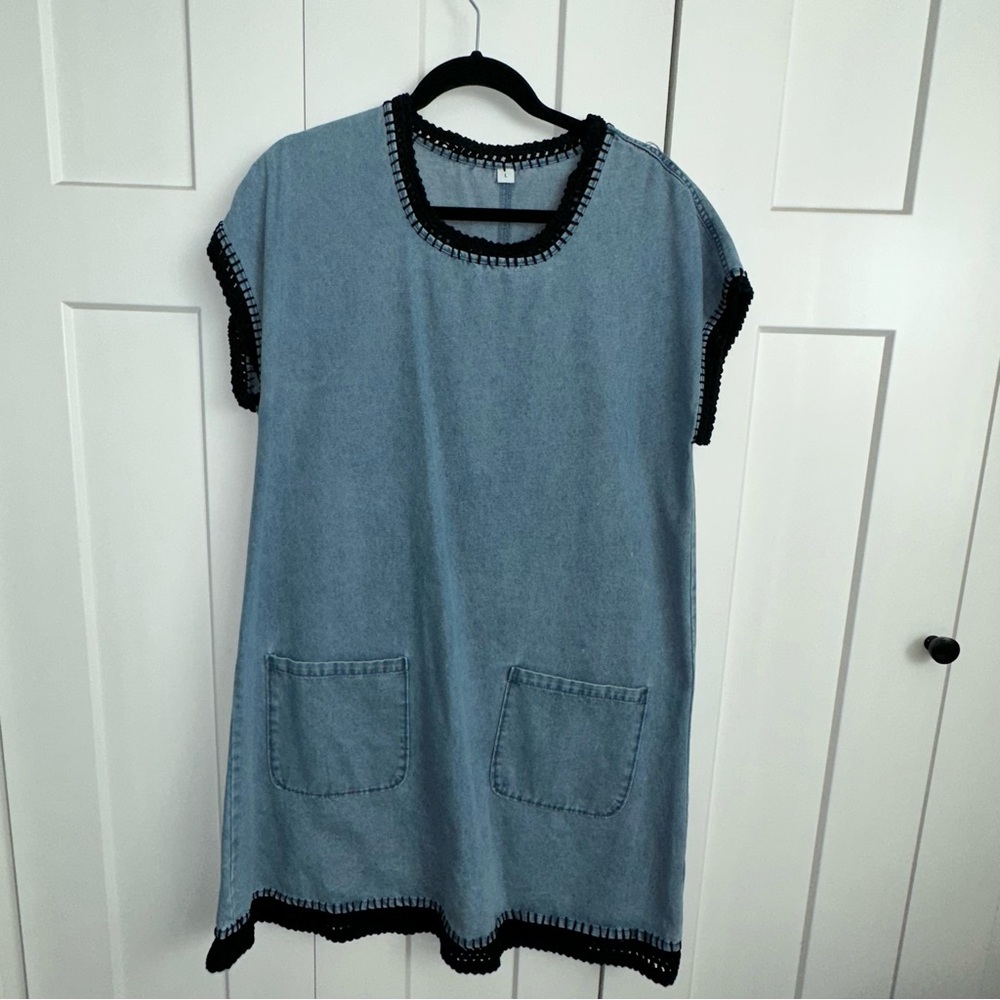 Women's blue denim dress with hand embellished black crochet trim - Large